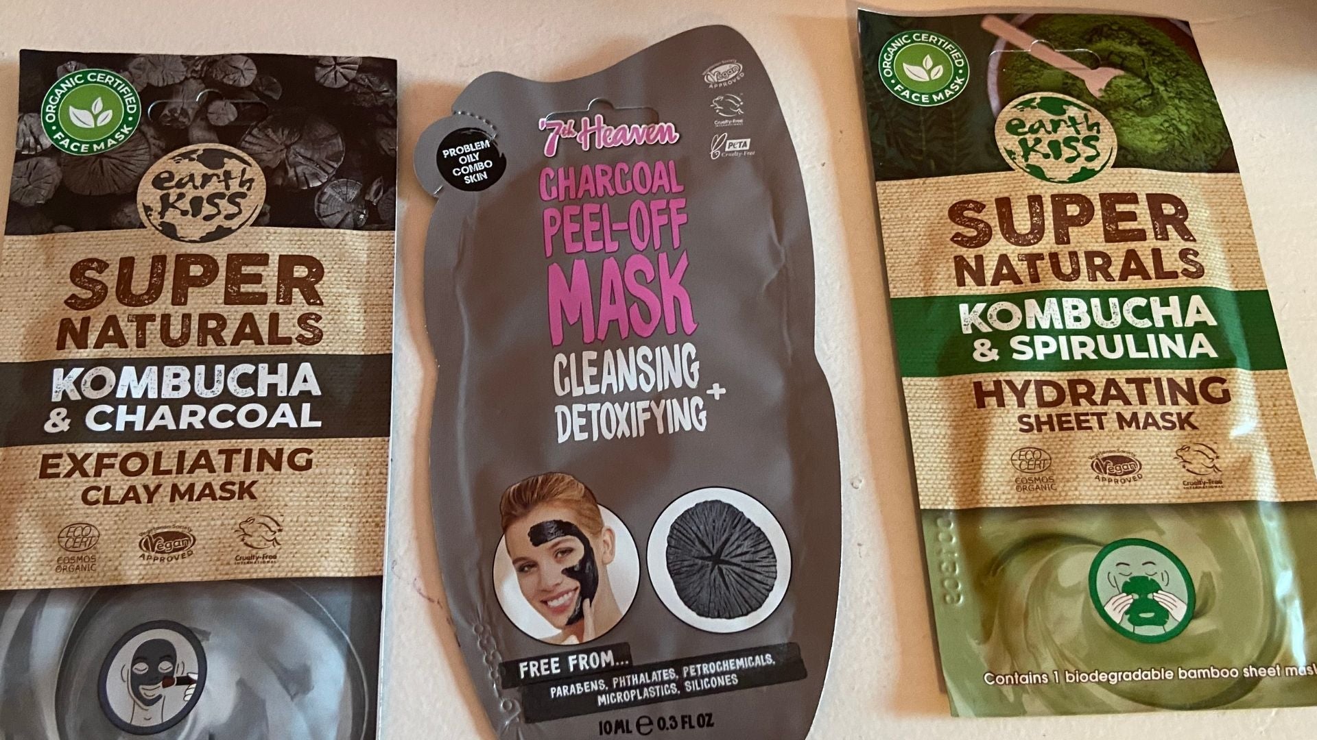 review, photos, ingredients, trends, skincare, earth kiss, super naturals, kombucha & spirulina hydrating sheet mask, kombucha & charcoal exfoliating clay mask, 7th heaven charcoal peel-off face mask